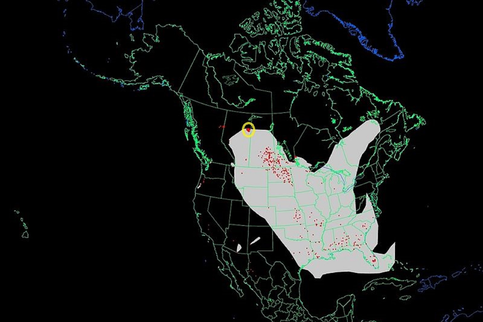 Satellite images of the fire at day (May 3, 2016) overnight (May 5, 2016), and the area the smoke is affecting (fire in yellow circle).