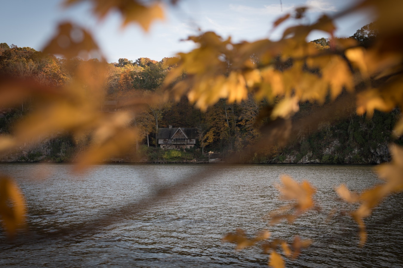 Cottage on a lakeshore in fall.